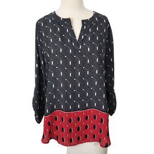 Cato Sheer Tunic Top Shirt Women Size Large 3/4 Roll Up Sleeve Tab Black Red